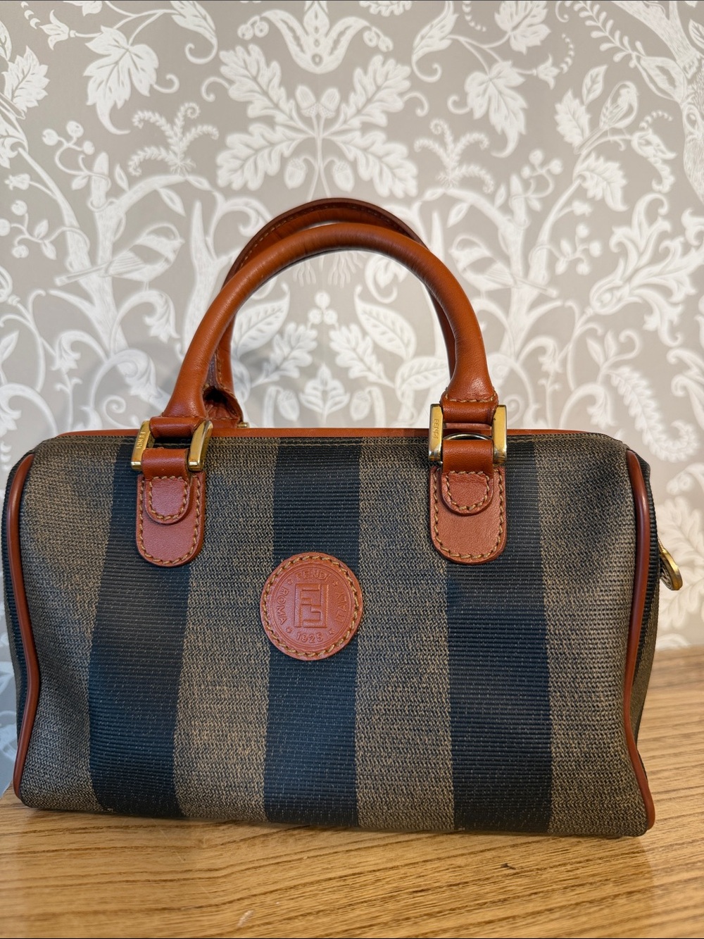 Fendi Vintage Pequin Mini Boston Bag Coated Canvas Leather Handles & Trim EUC